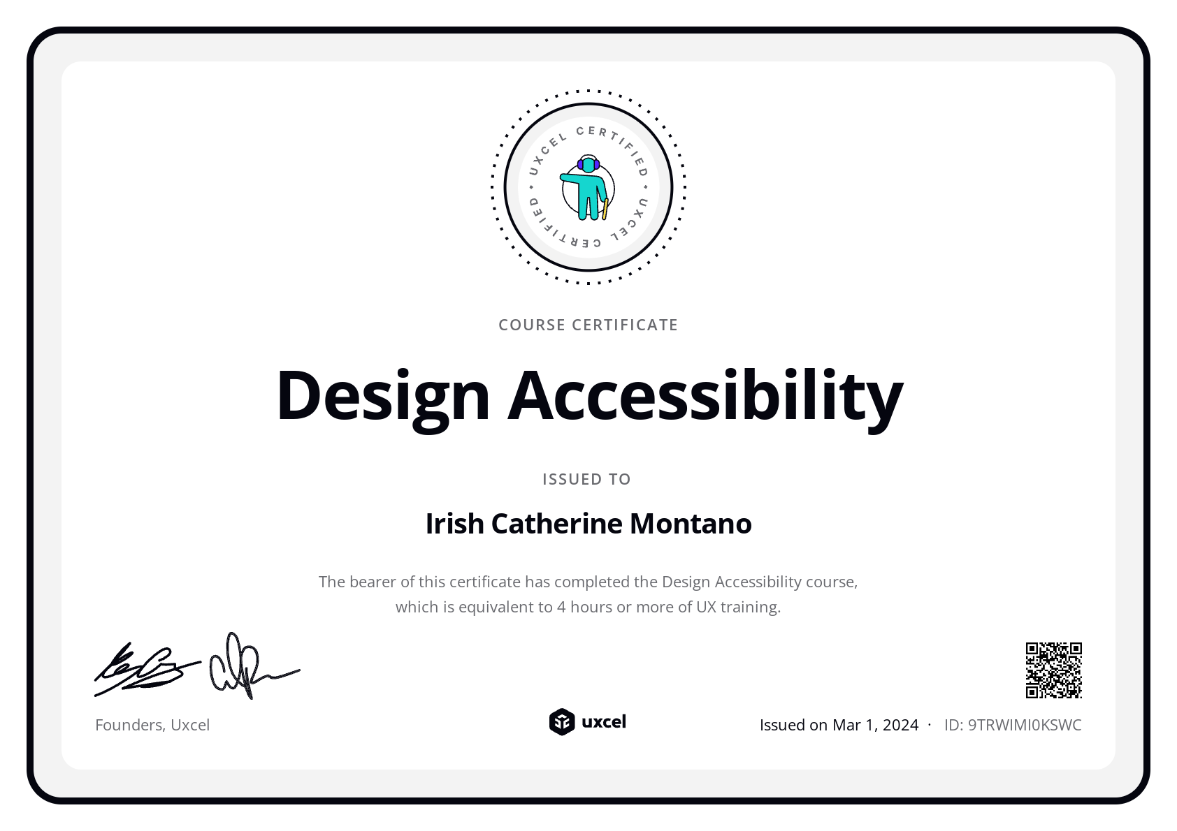 Irish Catherine Montano's certificate